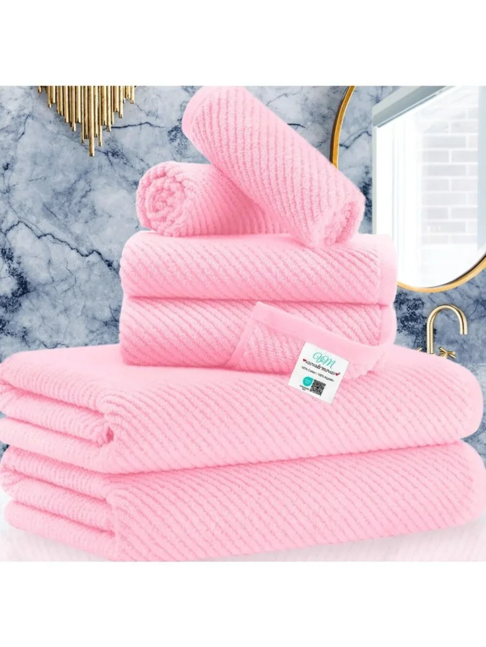 Soft Pink Cotton Towel Set of 6 - Quick Dry, Lightweight Bath & Hand Towels